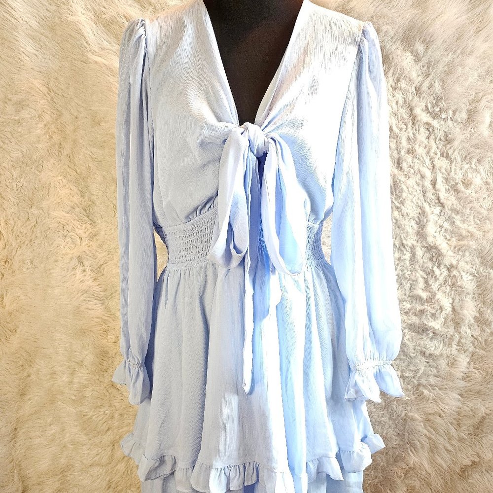 EXLURA Women Tie Front Elastic Waist Tiered Ruffle Layer Balloon Mini Dress XL